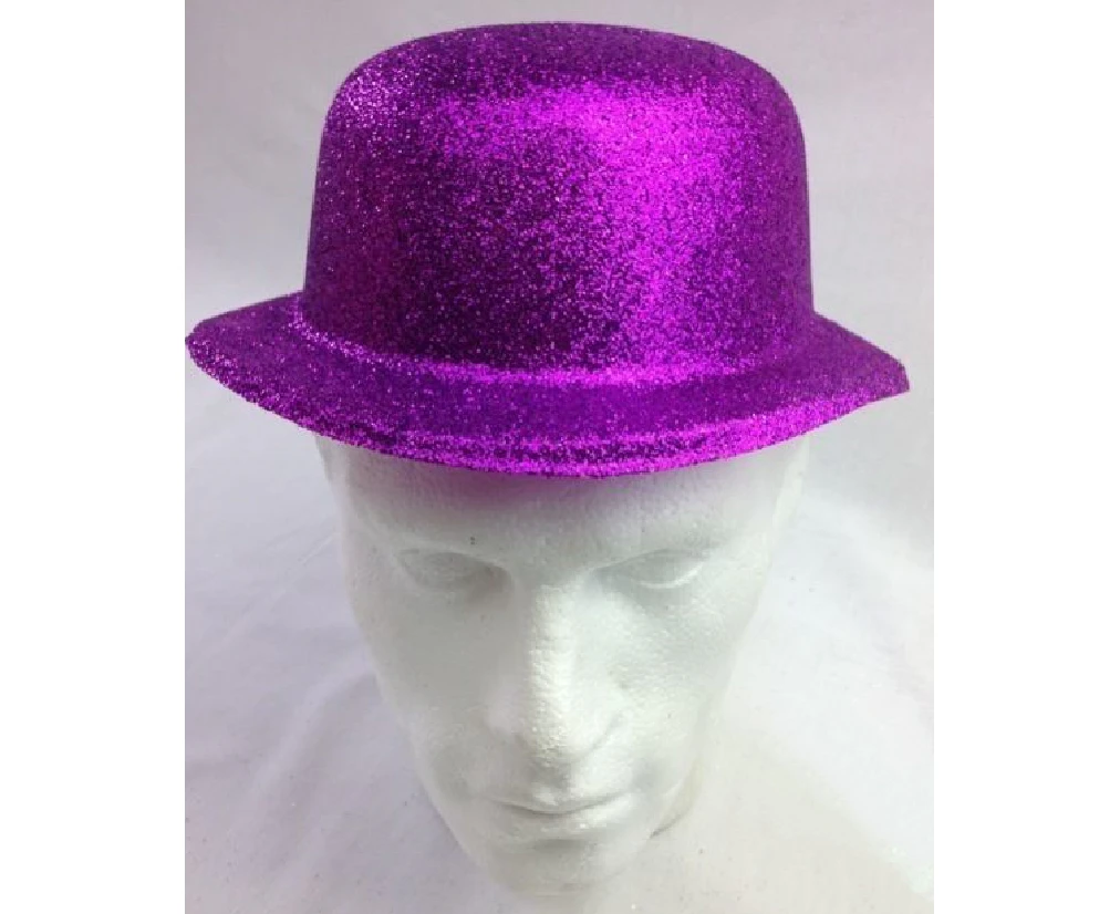 24x Glitter Bowler Hat Fancy Party Plastic Costume Cap Fun Dress Up Sparkle Bulk - Purple - Purple