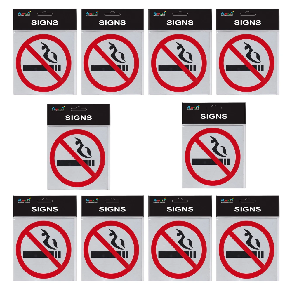 10pce No Smoking Brushed Steel 14cm Signs Set Black, Red, Silver Self Adhesive