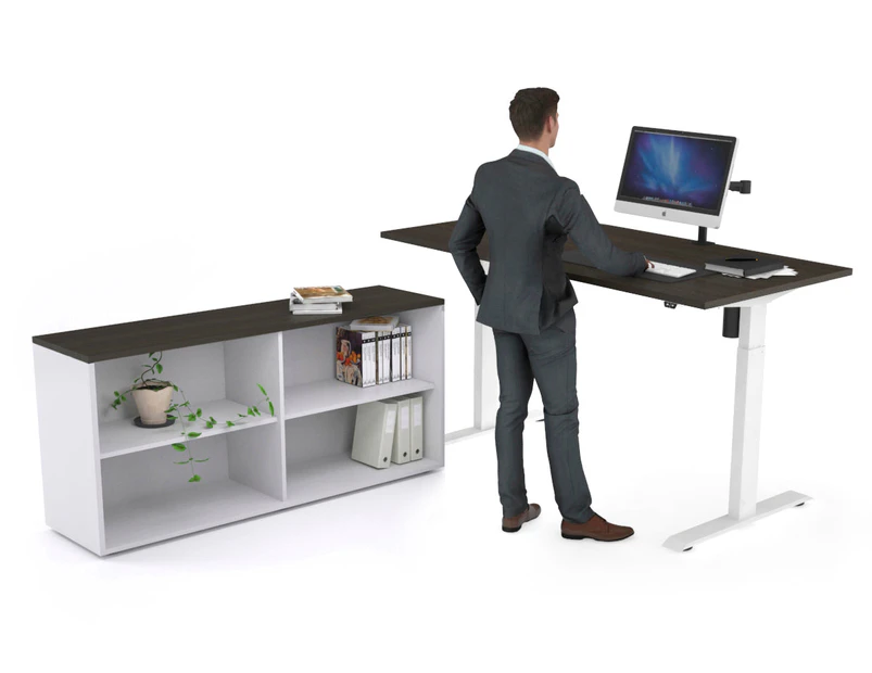 Just Right Height Adjustable Desk Executive Setting [1600L x 700W] - white frame, dark oak, open bookcase