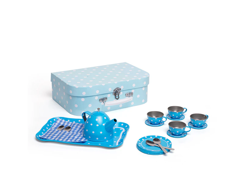 Bigjigs Toys Blue Polka Dot Tea Set with Carry Basket Picnic Roleplay