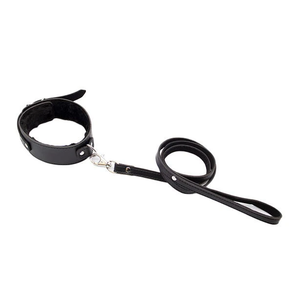 Love In Leather Faux Fur Lined Collar and Lead with Metal Detail - Black