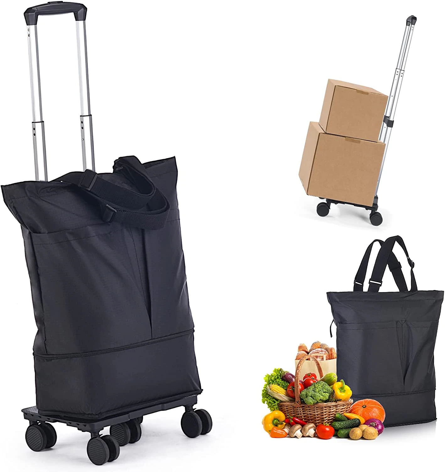 Foldable Aluminium Shopping Trolley with Bags Cart on Wheels - Black