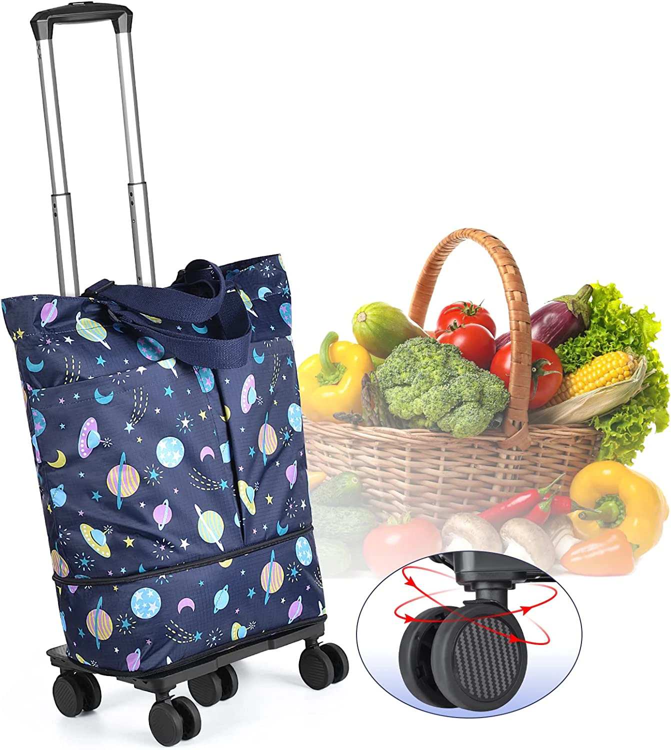 Foldable Aluminium Shopping Trolley with Bags Cart on Wheels - Starry Sky