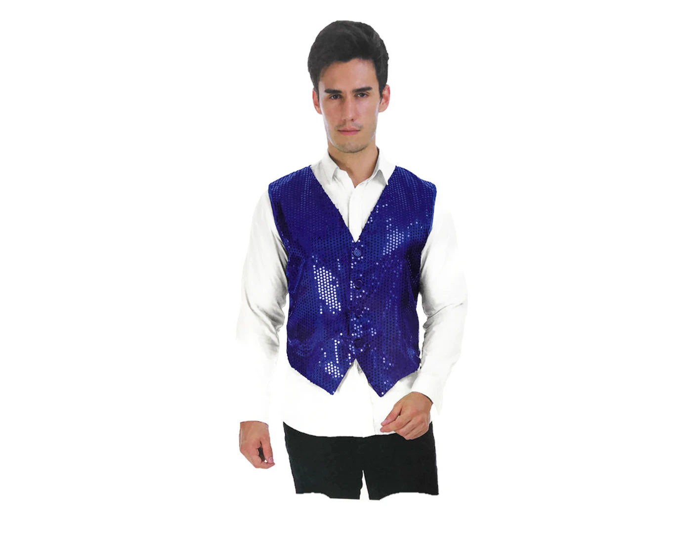 Men's Premium Sequin Vest Waistcoat Dance Costume Disco Sparkle Deluxe - Blue - Silver