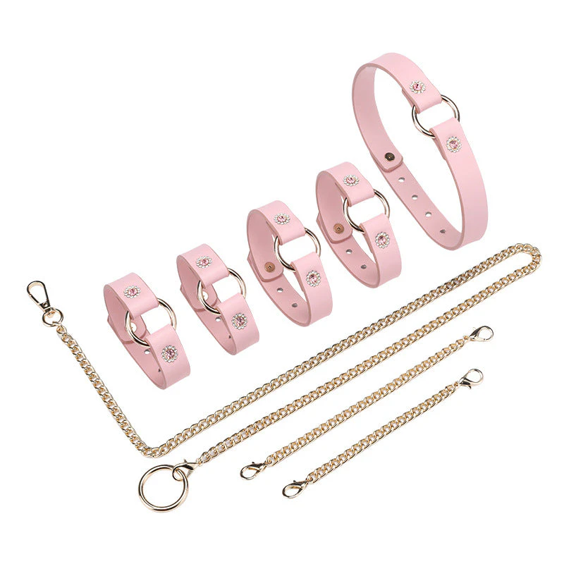 RY BDSM Fetish Collar Leash & Handcuffs & Ankle Cuffs Restraint Bondage Kit - Pink