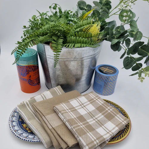 RANS Madrid Stripe & Check Tea Towels | 3 piece set | Taupe