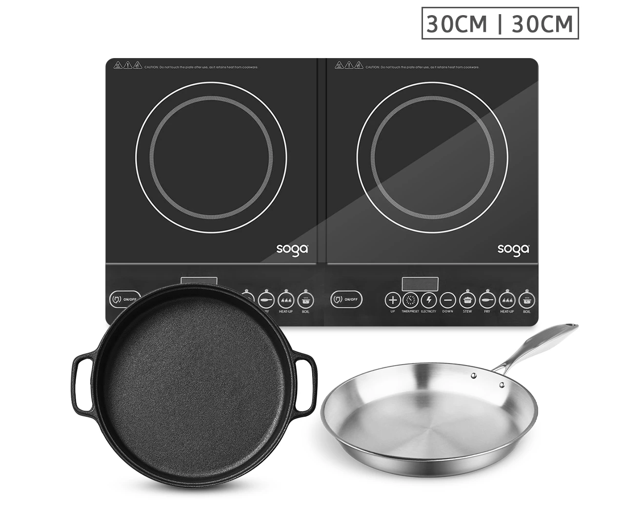 SOGA Dual Burners Cooktop Stove, 30cm Cast Iron Frying Pan Skillet and 30cm Induction Fry Pan