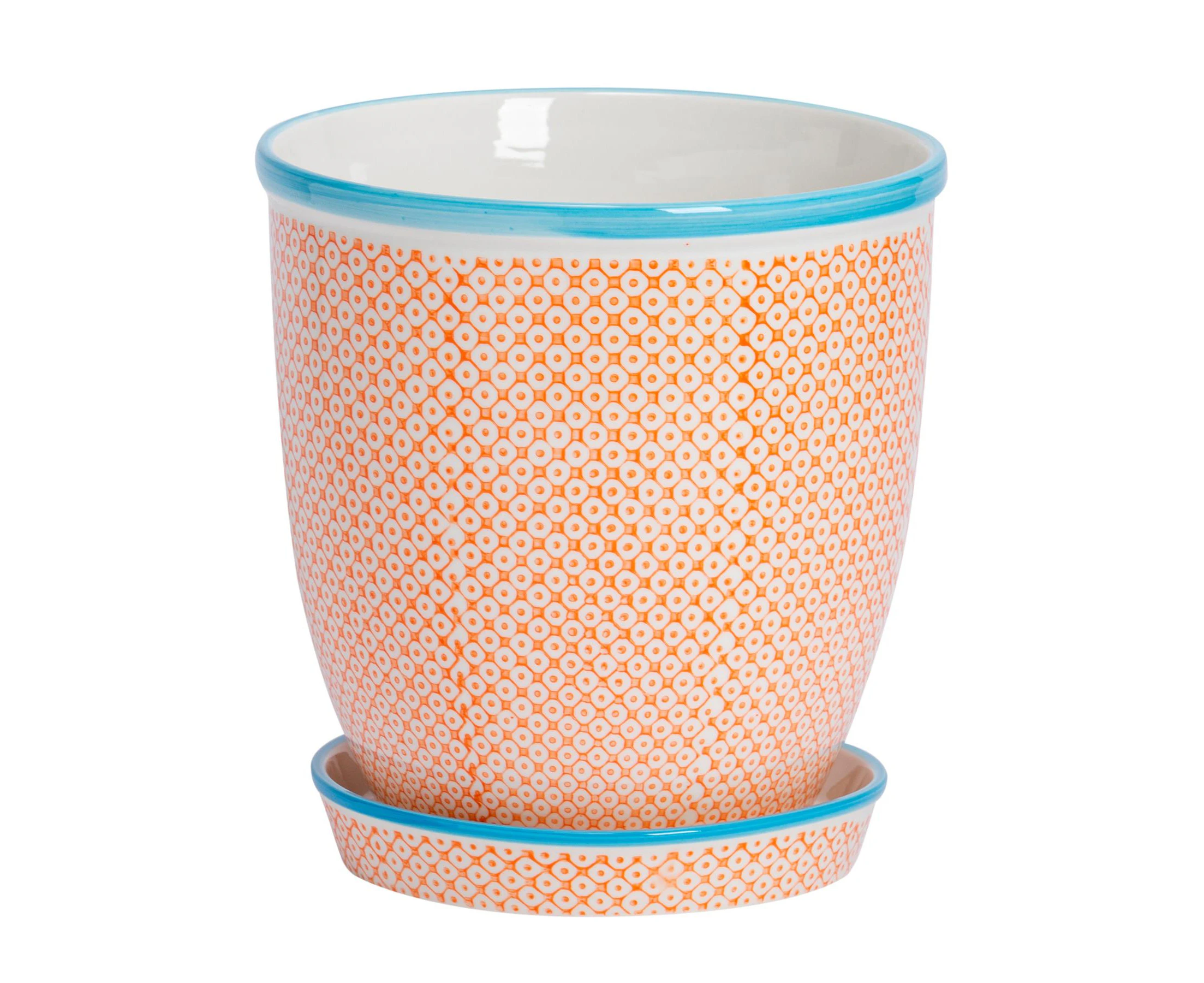 Nicola Spring Hand Printed Plant Pot - Ceramic Porcelain Indoor Outdoor Flower Display with Drip Tray - 20cm - Orange