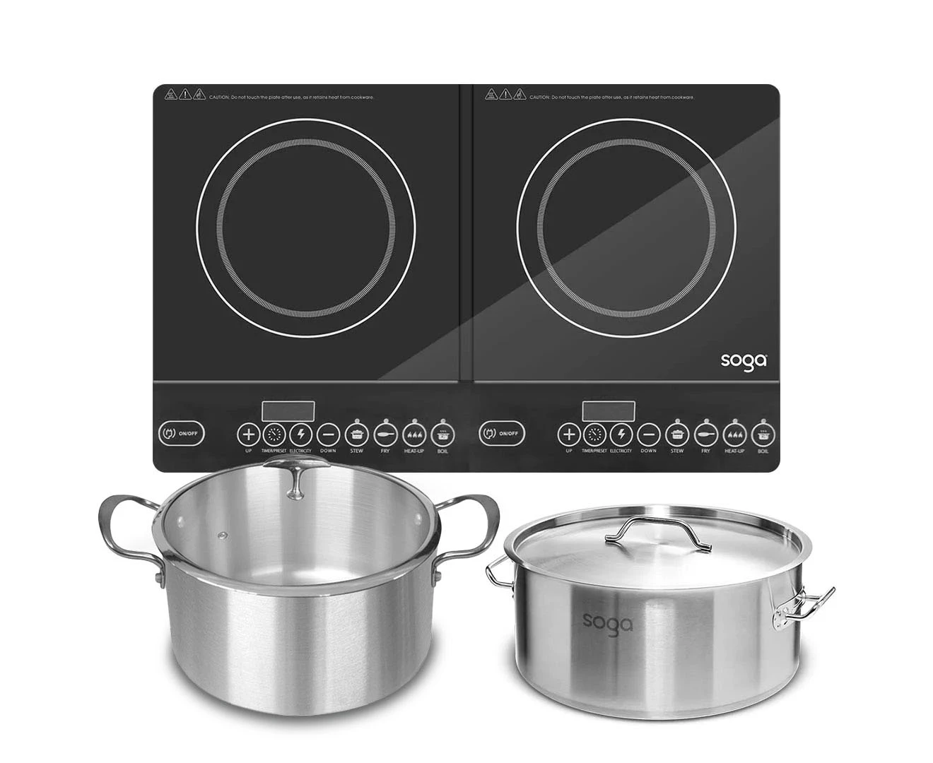 SOGA Dual Burners Cooktop Stove, 14L Stainless Steel Stockpot and 28cm Induction Casserole