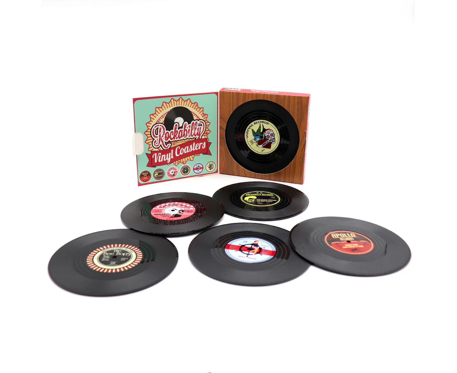 6x Creative Vinyl Record Cup Coasters w Holder Glass Drink Tableware Home Décor - Rockabilly