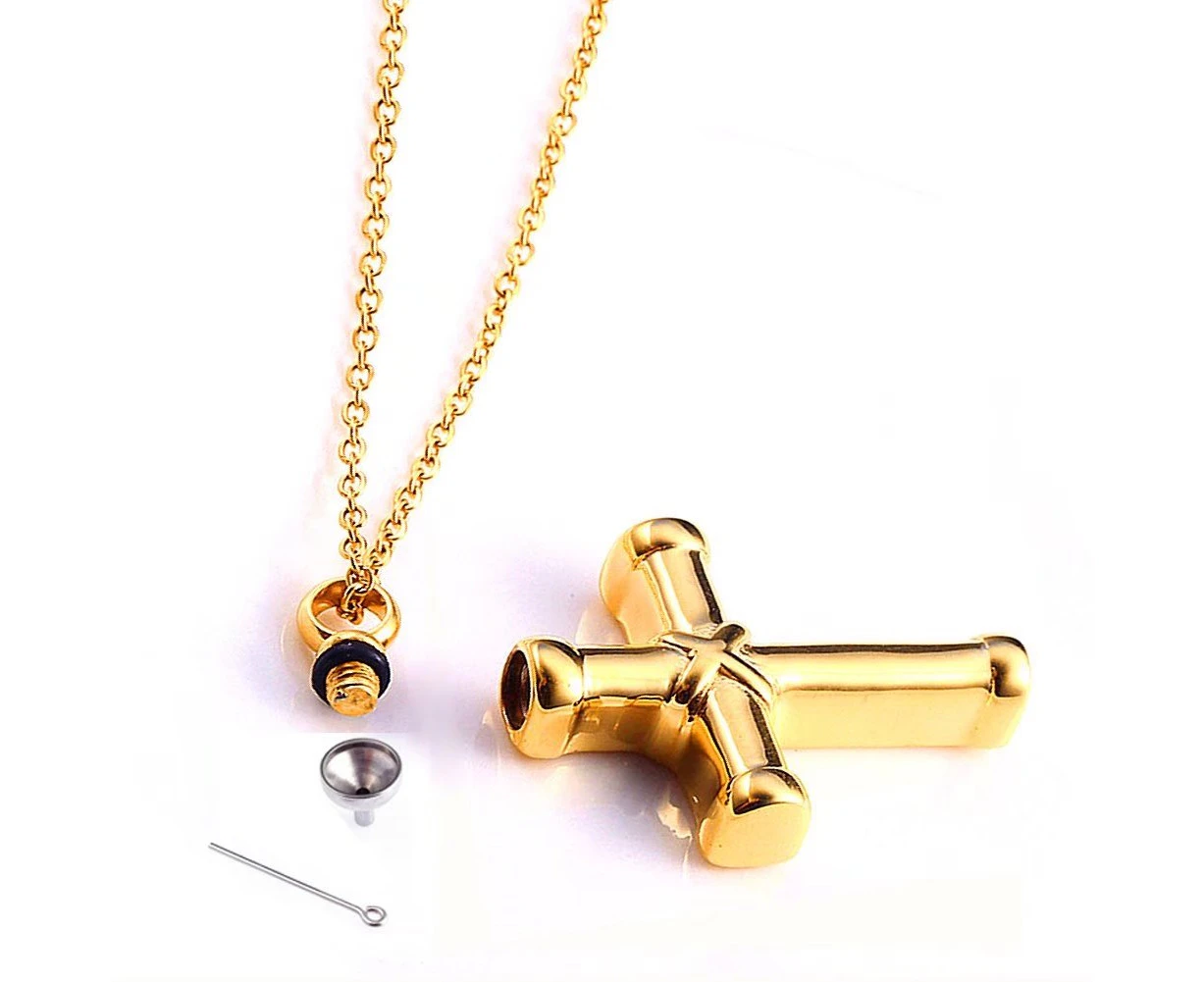 Duohan Titanium Steel Crosses Perfume Bottles Pendants Necklace You Can Put Ashes in - Golden