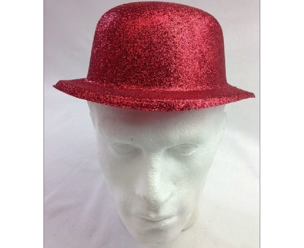 24x Glitter Bowler Hat Fancy Party Plastic Costume Cap Fun Dress Up Sparkle Bulk - Red - Red