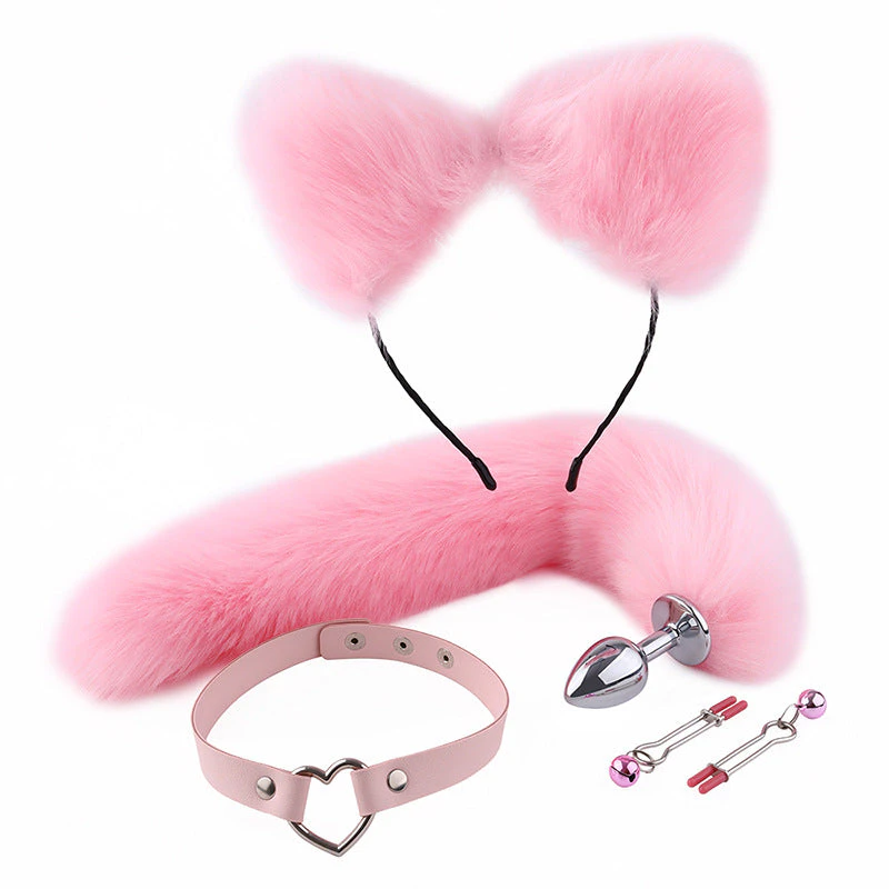 RY Cosplay Furry Fox Tail Anal Plug/Headband/Collar/Nipple Clamps Cosplay Kit - Pink