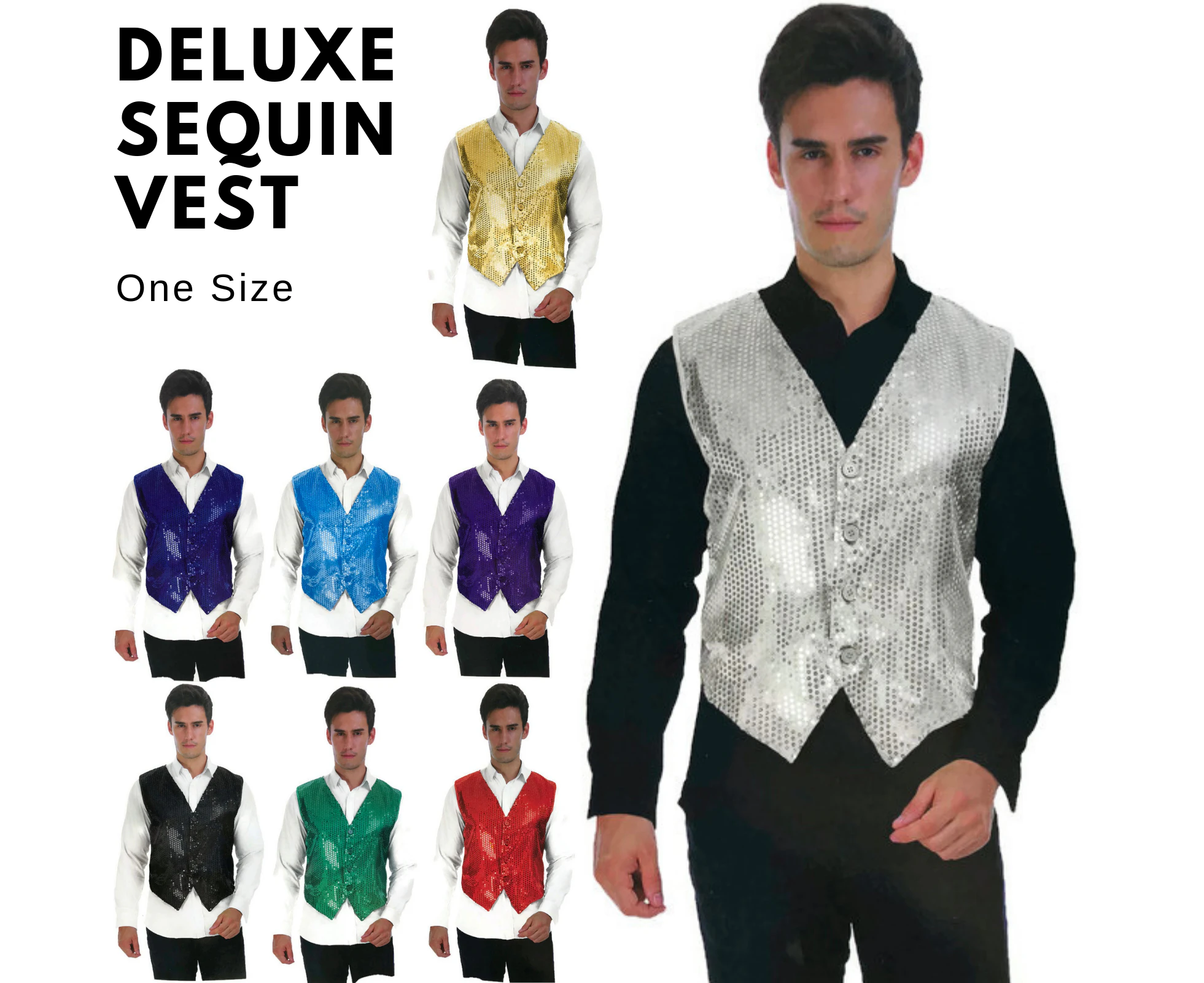 Men's Premium Sequin Vest Waistcoat Dance Costume Disco Sparkle Deluxe - Pink - Blue