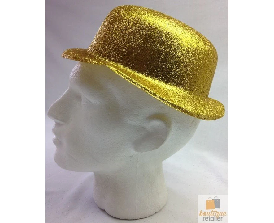 12x Glitter Bowler Hat Fancy Party Plastic Costume Cap Fun Dress Up Sparkle Bulk - Yellow/Gold - Yellow/Gold