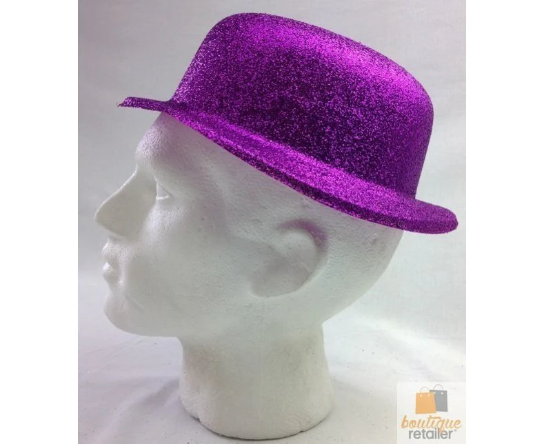 12x Glitter Bowler Hat Fancy Party Plastic Costume Cap Fun Dress Up Sparkle Bulk - Purple - Purple