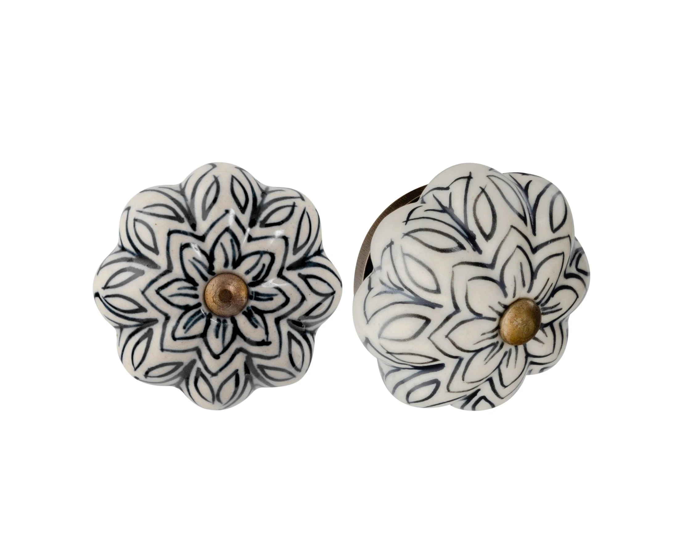 Nicola Spring Ceramic Cupboard Drawer Handle Knobs - Vintage Flower Design - Black - Pack of 6