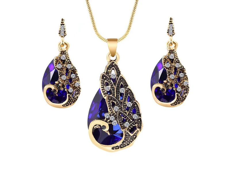 European and American Retro Jewelry Set Alloy Phoenix Peacock Crystal Pendant Necklace Earrings Set with Birthstones for Women