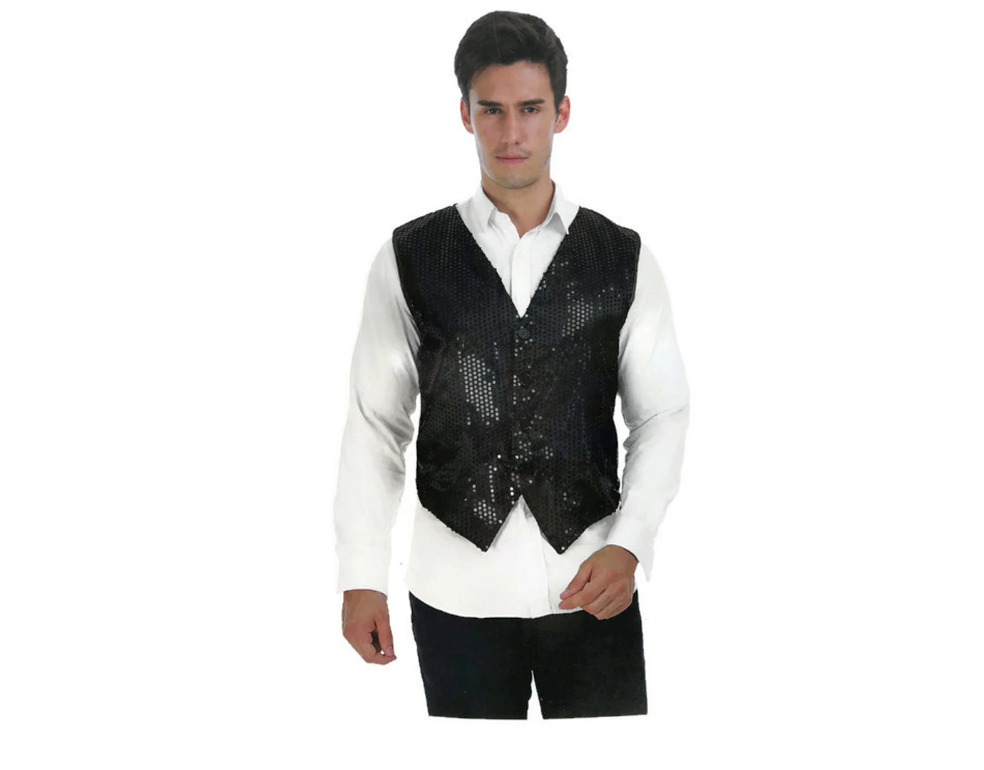 Men's Premium Sequin Vest Waistcoat Dance Costume Disco Sparkle Deluxe - Black - Black