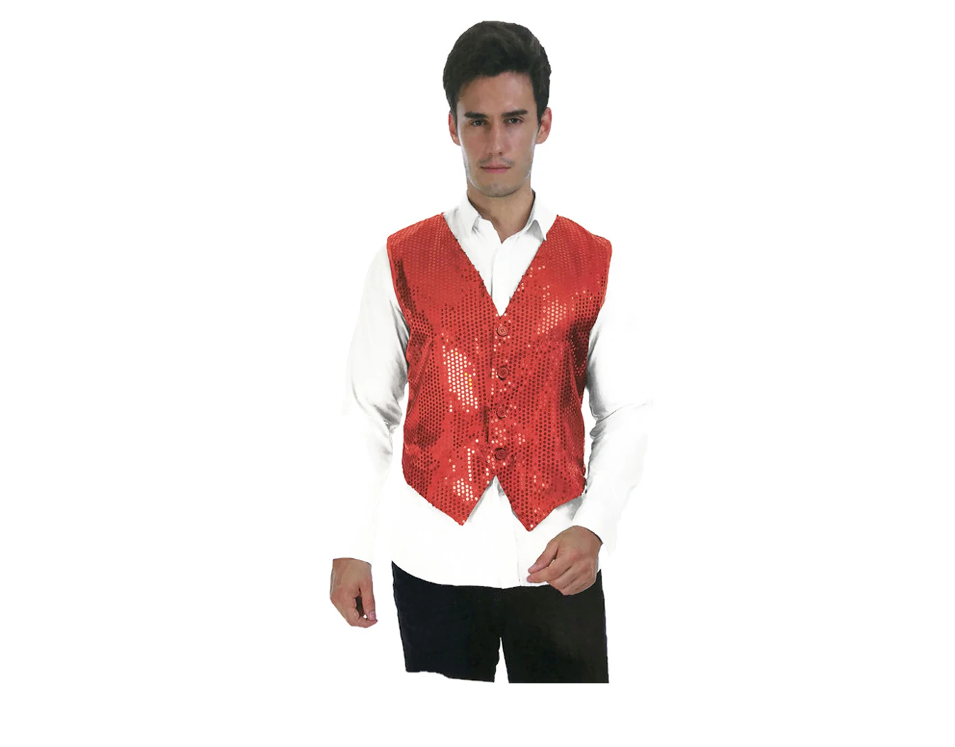 Men's Premium Sequin Vest Waistcoat Dance Costume Disco Sparkle Deluxe - Red - Pink