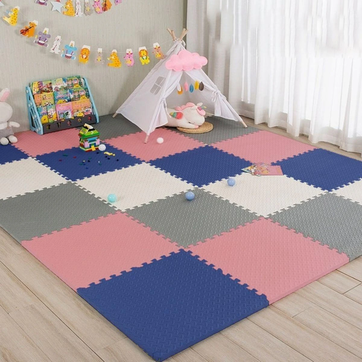 BabiesMart SoftSteps Pink Collection Interlocking Baby Foam Play Mats - Pink + Dark Blue + Grey + White