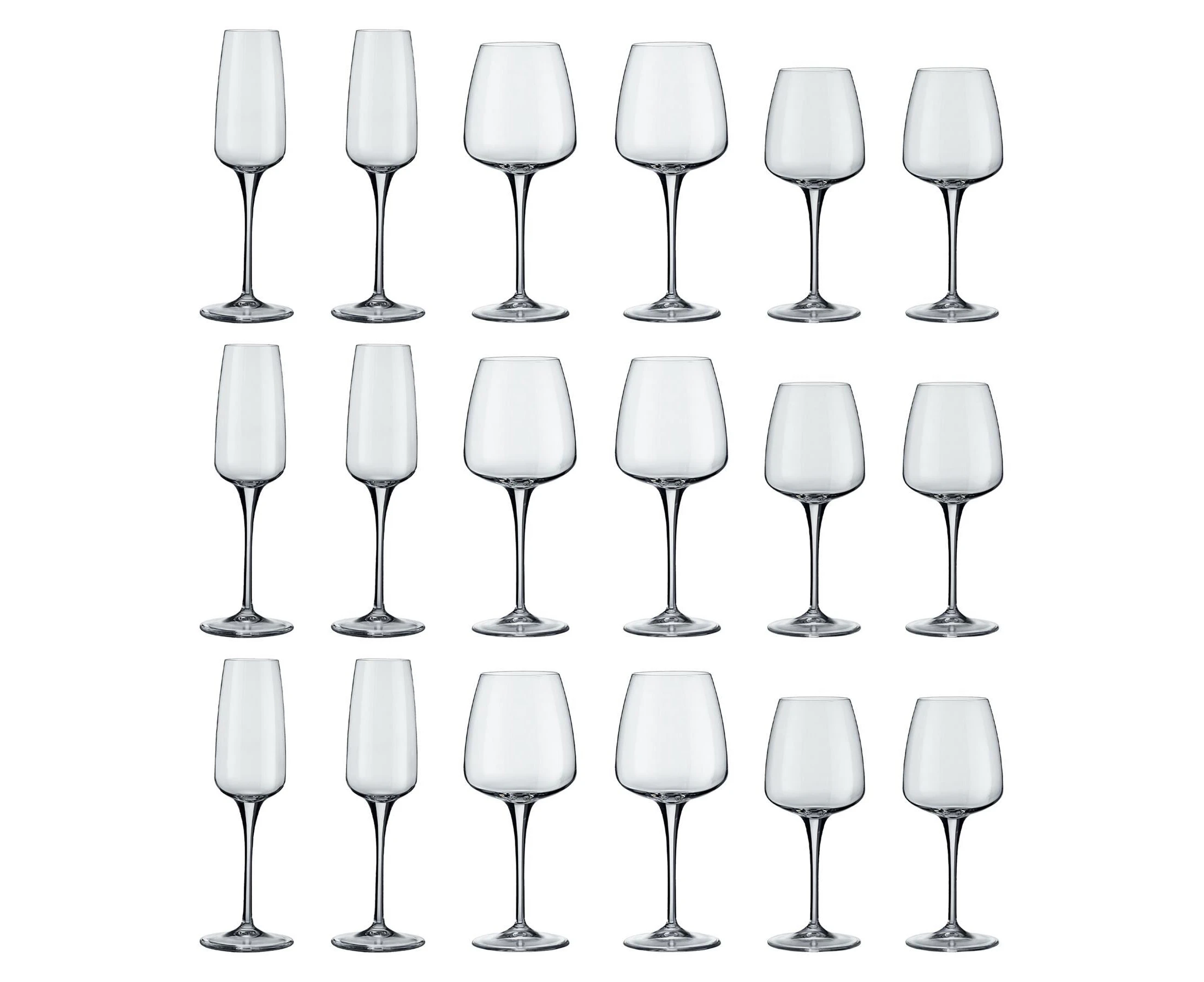 Bormioli Rocco Aurum Glass Champagne Flutes and Red White Wine Glasses - 18pc Set