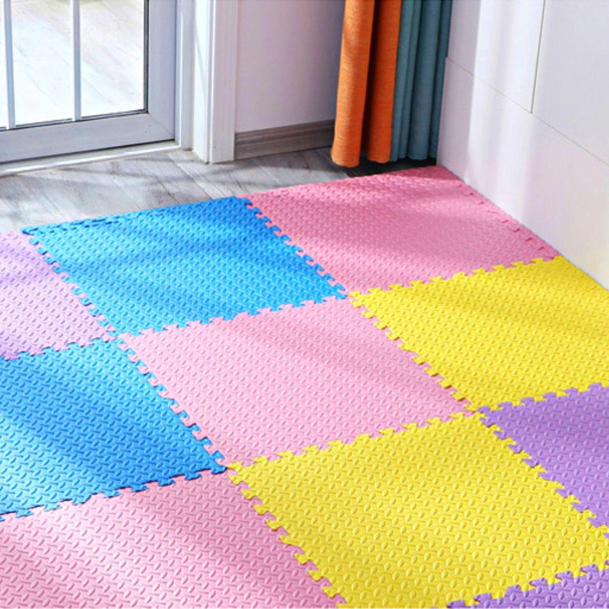 Kidst Pink Collection Interlocking Baby Foam Play Mats for Nurseries & Playrooms - Pink + Purple + Yellow + Blue