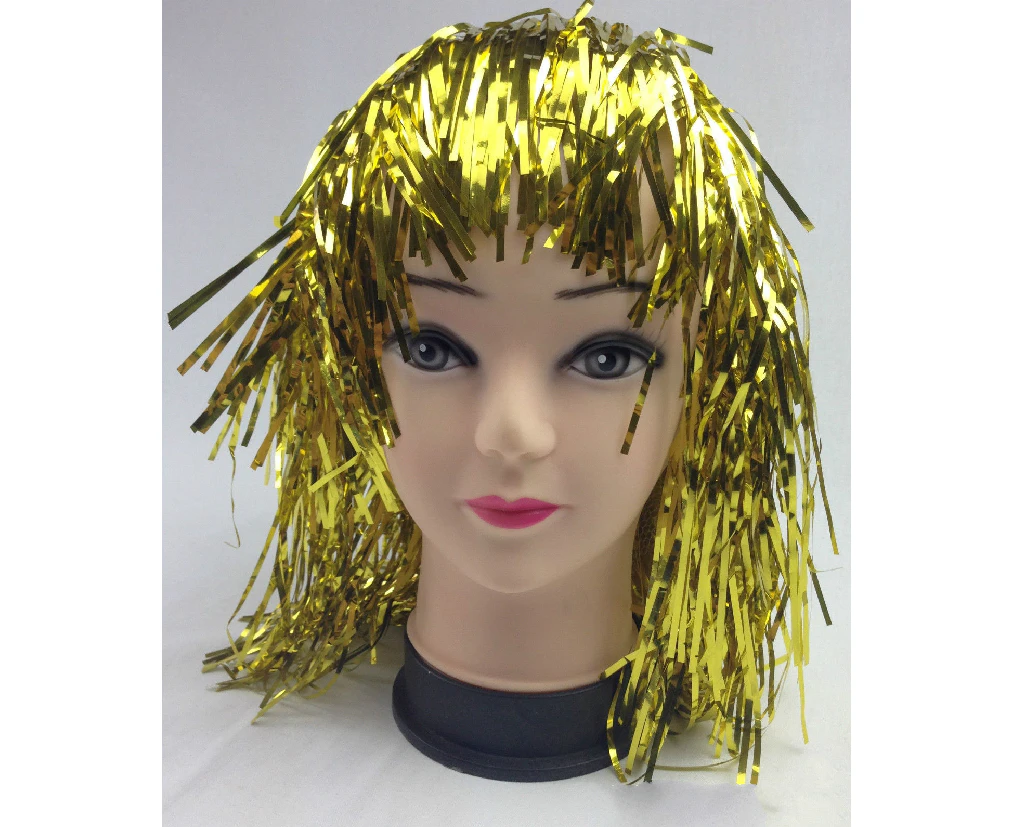 Tinsel Metallic Wig 70s 50s 20s Costume Men's Women's Unisex Disco Fancy Dress Up - Gold/Yellow - Gold/Yellow