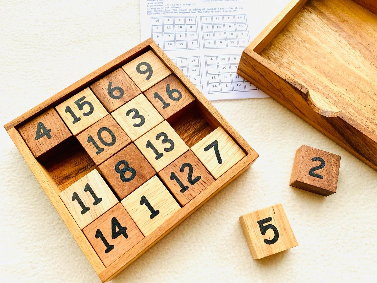 Slide 15 numbers sort brain teaser puzzle, wood, handmade 3D puzzle-sort the numbers in correct order