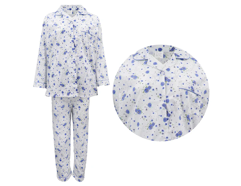 Women's 100% Cotton 2PCS Set Long Sleeve Nightie Sleepwear PJ Pajamas Pyjamas - Blue