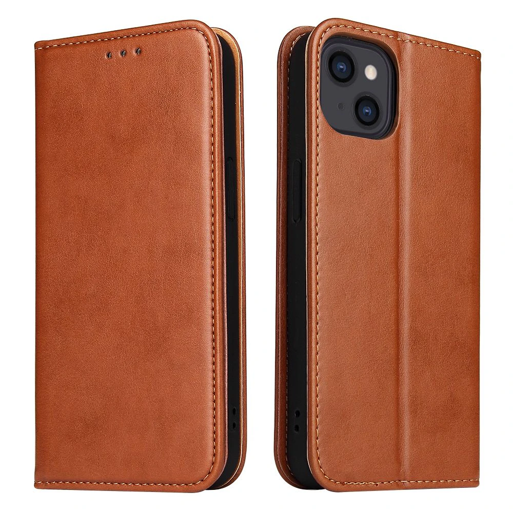 For iPhone 14 Case Leather Flip Wallet Folio Cover with Stand Brown