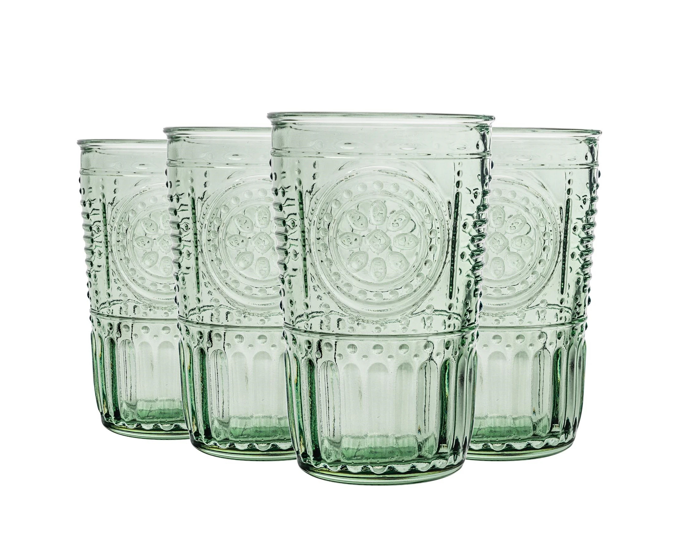 Bormioli Rocco 4pc Romantic Highball Glasses Set - Vintage Italian Cut Glass Cocktail Tumblers - 305ml - Green