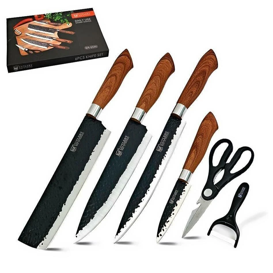 Kitchen Knife Set Chef Knives Stainless Steel Nonstick 6pc Scissor Woodcolour