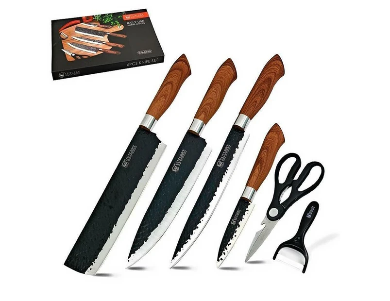 Kitchen Knife Set Chef Knives Stainless Steel Nonstick 6pc Scissor Woodcolour