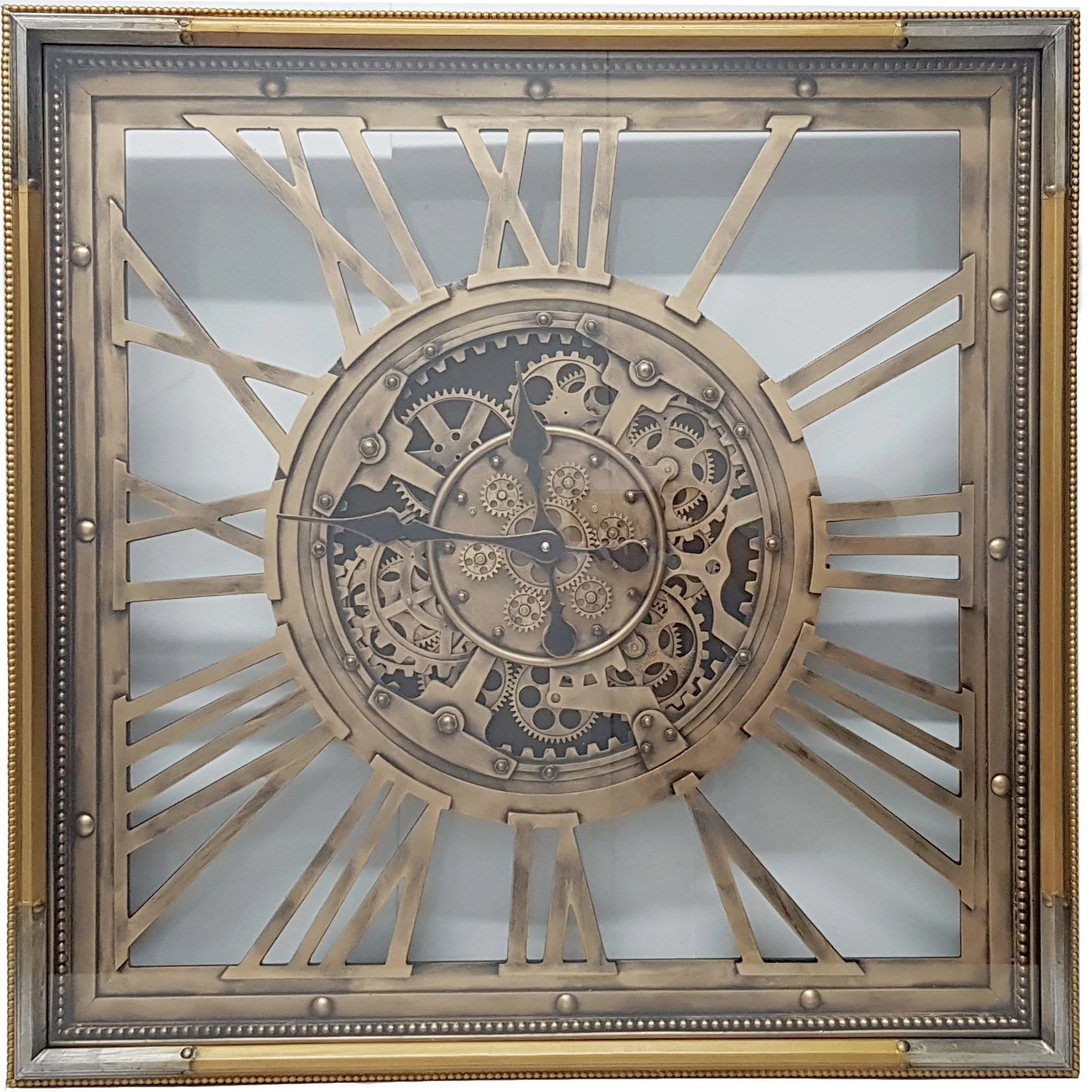 Roma Square 80cm Moving Cogs Clock - Gold w/ silver