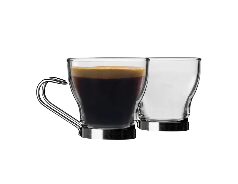 Bormioli Rocco 6 Piece Oslo Glass Espresso Cups Set - Small Tempered Coffee Mugs - Stainless Steel Handle - 100ml