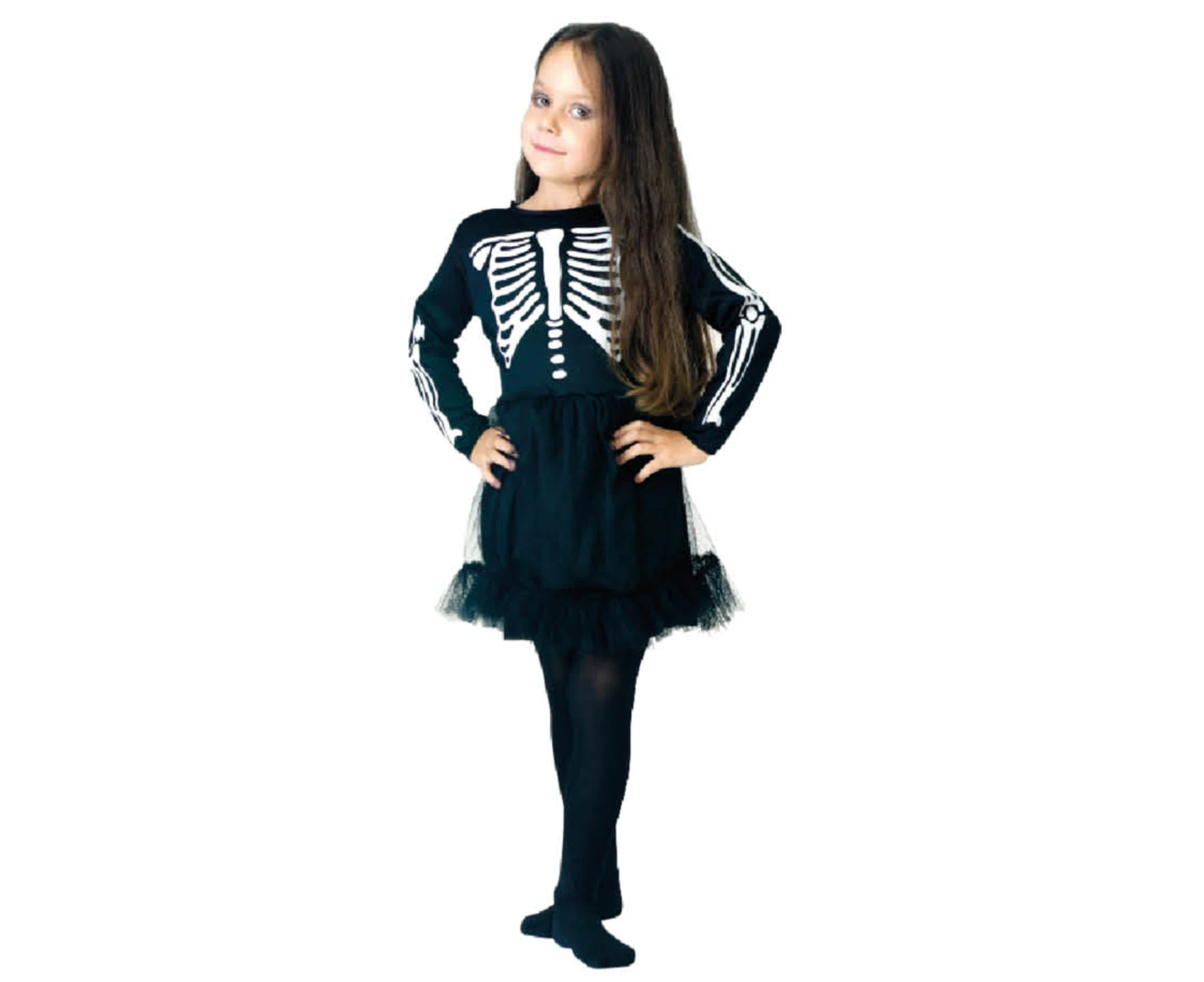 Children Skeleton Girl Costume Halloween Bones Dress - Black/White - Black/White