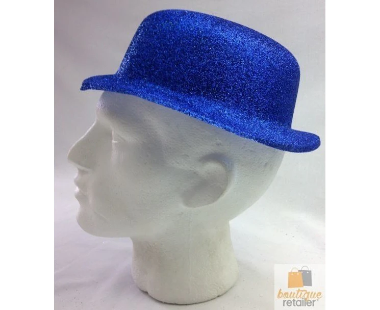 12x Glitter Bowler Hat Fancy Party Plastic Costume Cap Fun Dress Up Sparkle Bulk - Blue - Blue