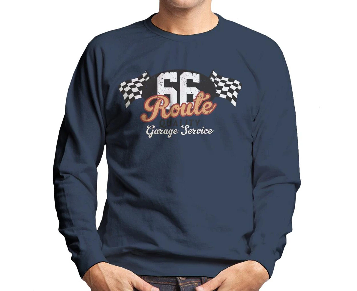 Route 66 Garage Services Racing Flag Men's Sweatshirt - Navy Blue