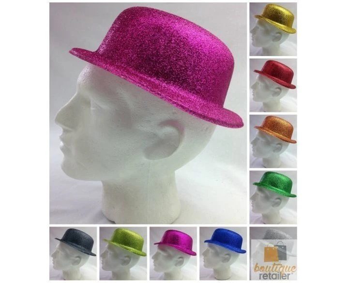 12x Glitter Bowler Hat Fancy Party Plastic Costume Cap Fun Dress Up Sparkle Bulk - Assorted Colour Pack - Assorted Colour Pack