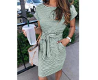 Strapsco Women's Summer Striped Short Sleeve T Shirt Dress Casual Tie Waist-Army Green-1001