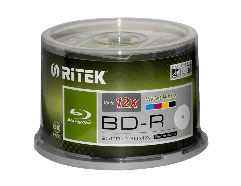 100 x Ritek Blu-ray BD-R 12x 25GB Full Hub inkjet printable blu ray BDR discs