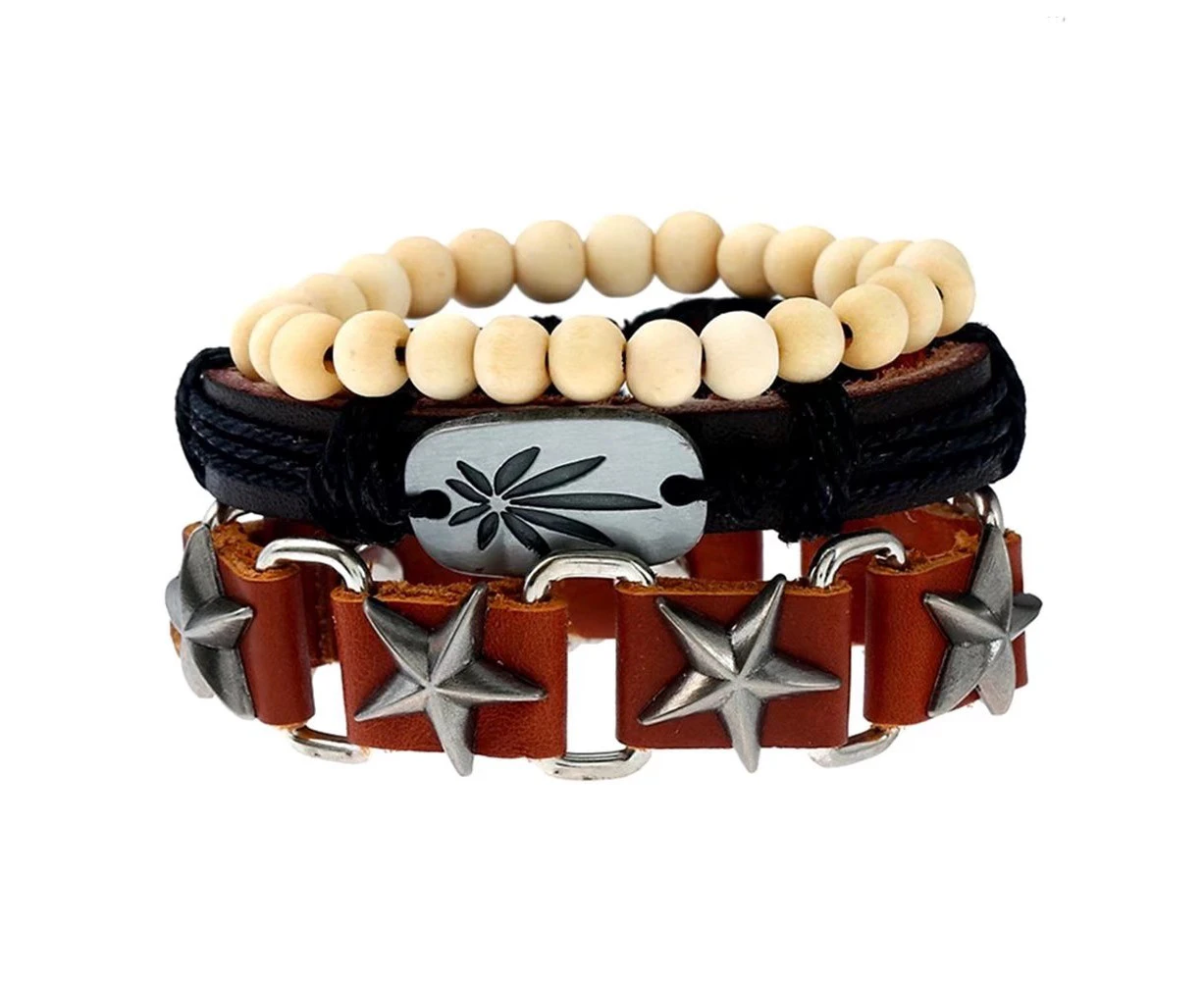 Duohan Retro Cowhide Charm Bracelet Set, Alloy Five Stars Beading Leather Bracelet Set - Red\Black