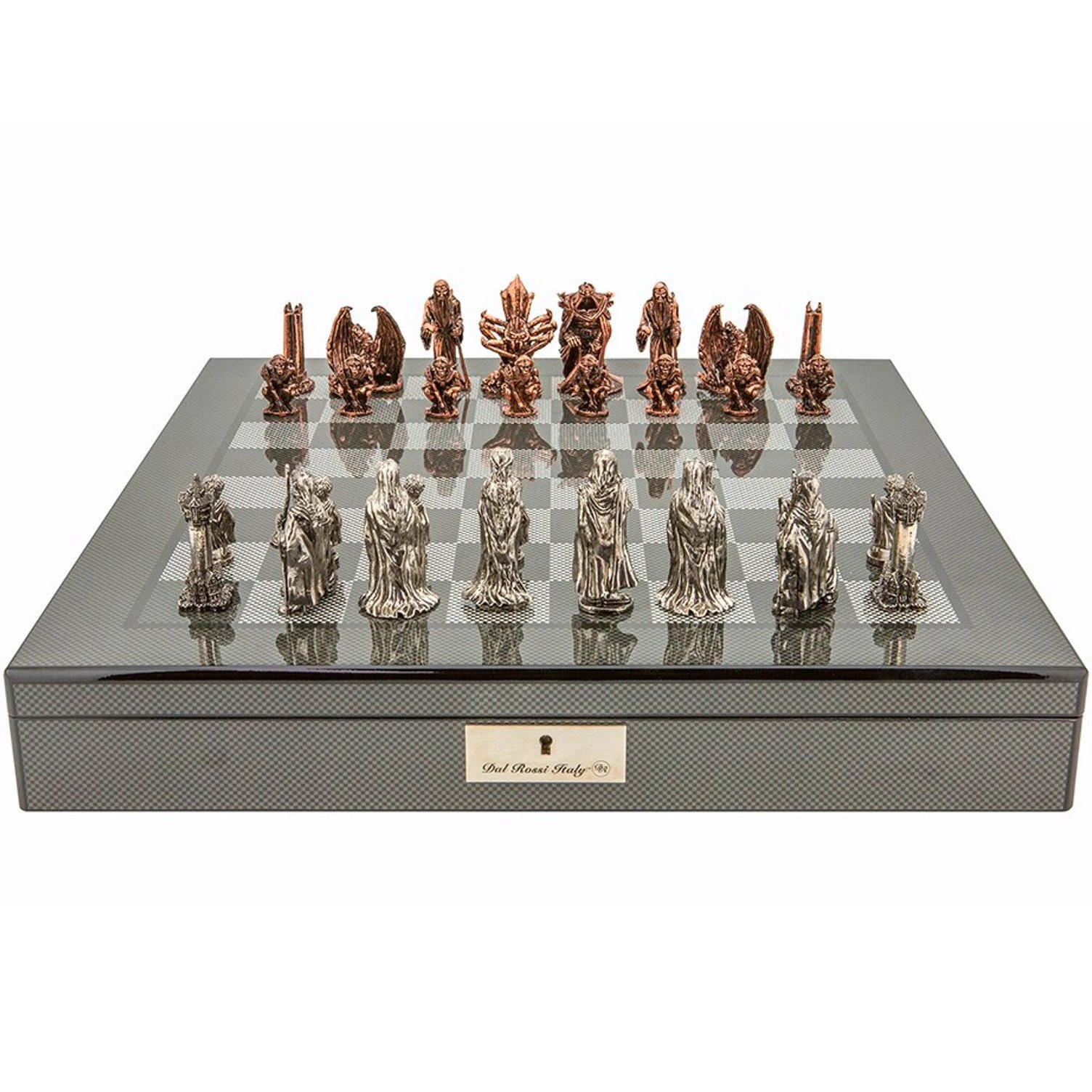 Dal Rossi Italy Evil Ring Themed Metal Chess Set on a 50cm Carbon Fibre Finish Board