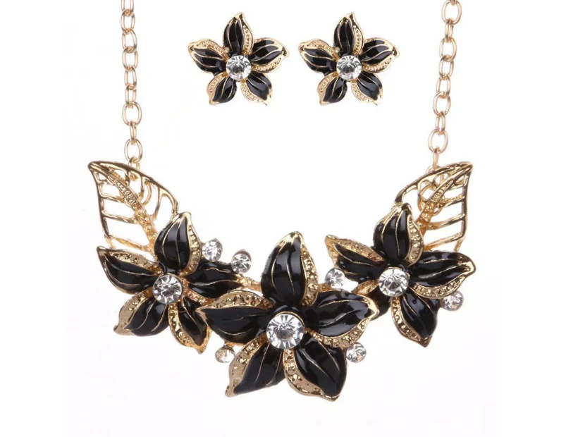 European Fashion Bridal Jewelry Set Retro Flower Oil Dripping Process Earrings Necklace Meaning Set Women's Clothes Ornaments Black