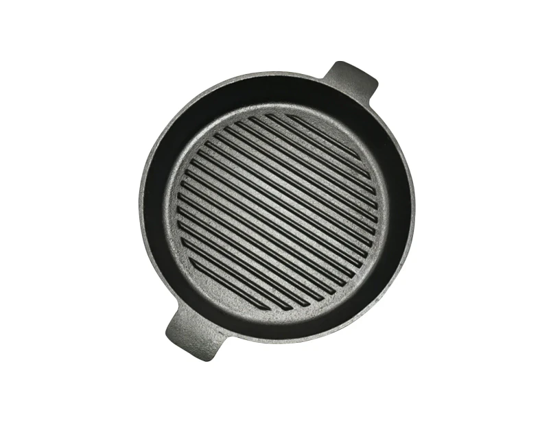 SOGA 26cm Round Ribbed Cast Iron Frying Pan Skillet Steak Sizzle Platter with Handle