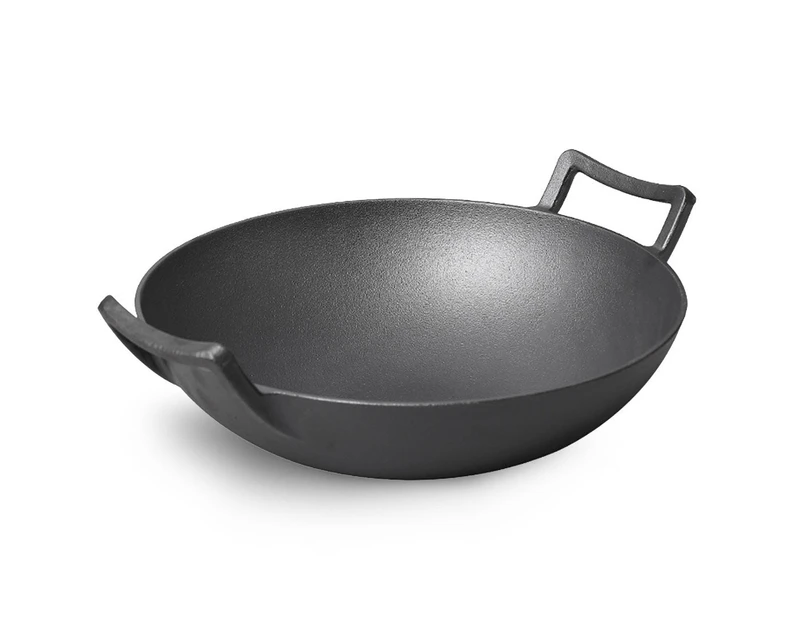 SOGA 32cm Commercial Cast Iron Wok FryPan Fry Pan with Double Handle