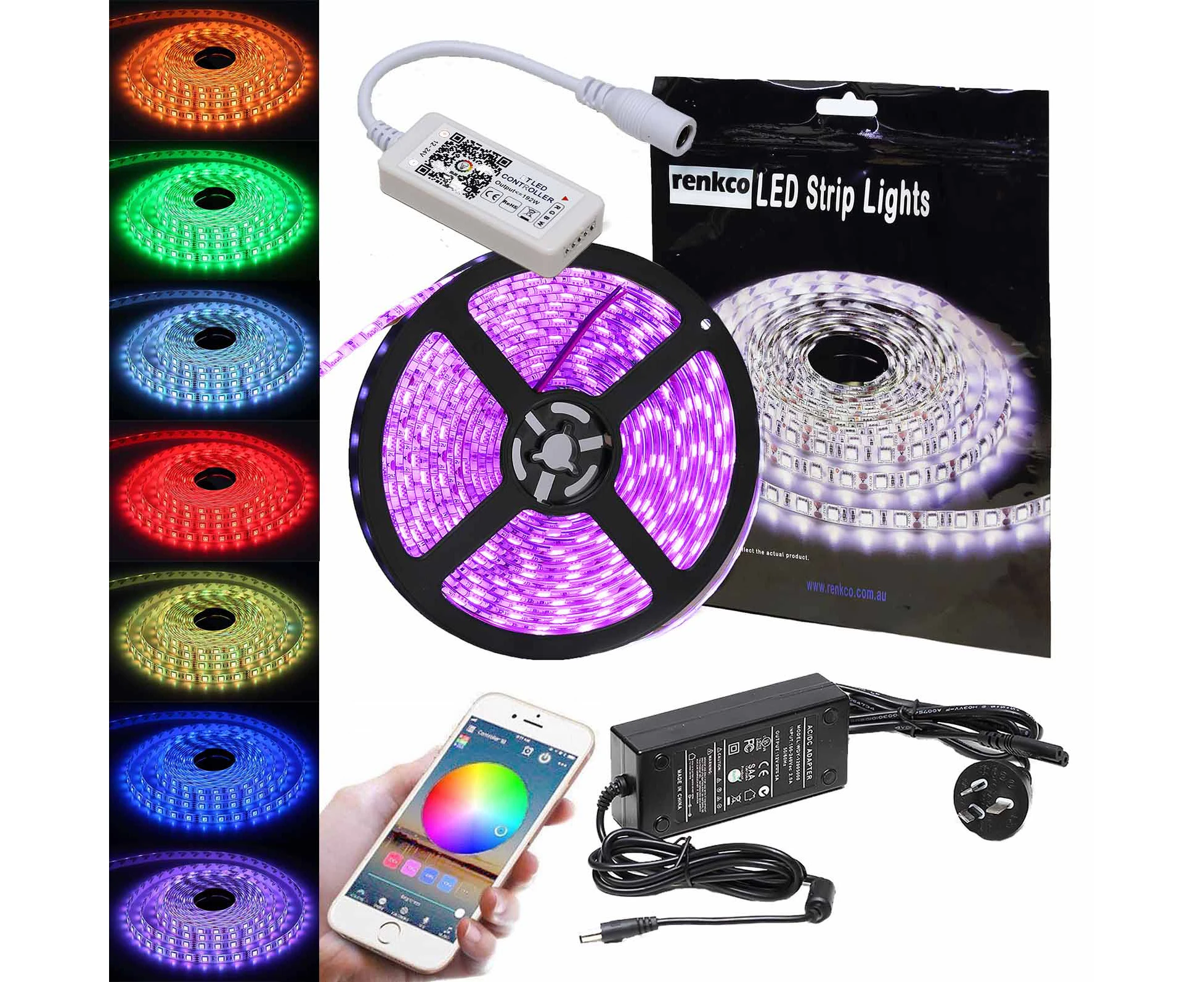 Renkco RGB LED Strip Lights 5M 300 LEDs Waterproof 5050 SMD + 12V 5A + Bluetooth Controller