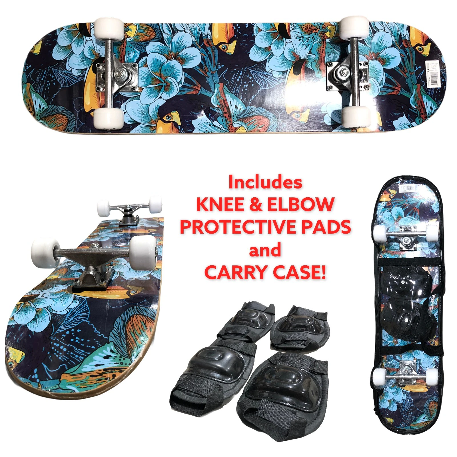 Skateboard Complete Birds with Protective Knee Elbow Pads & Carry Case