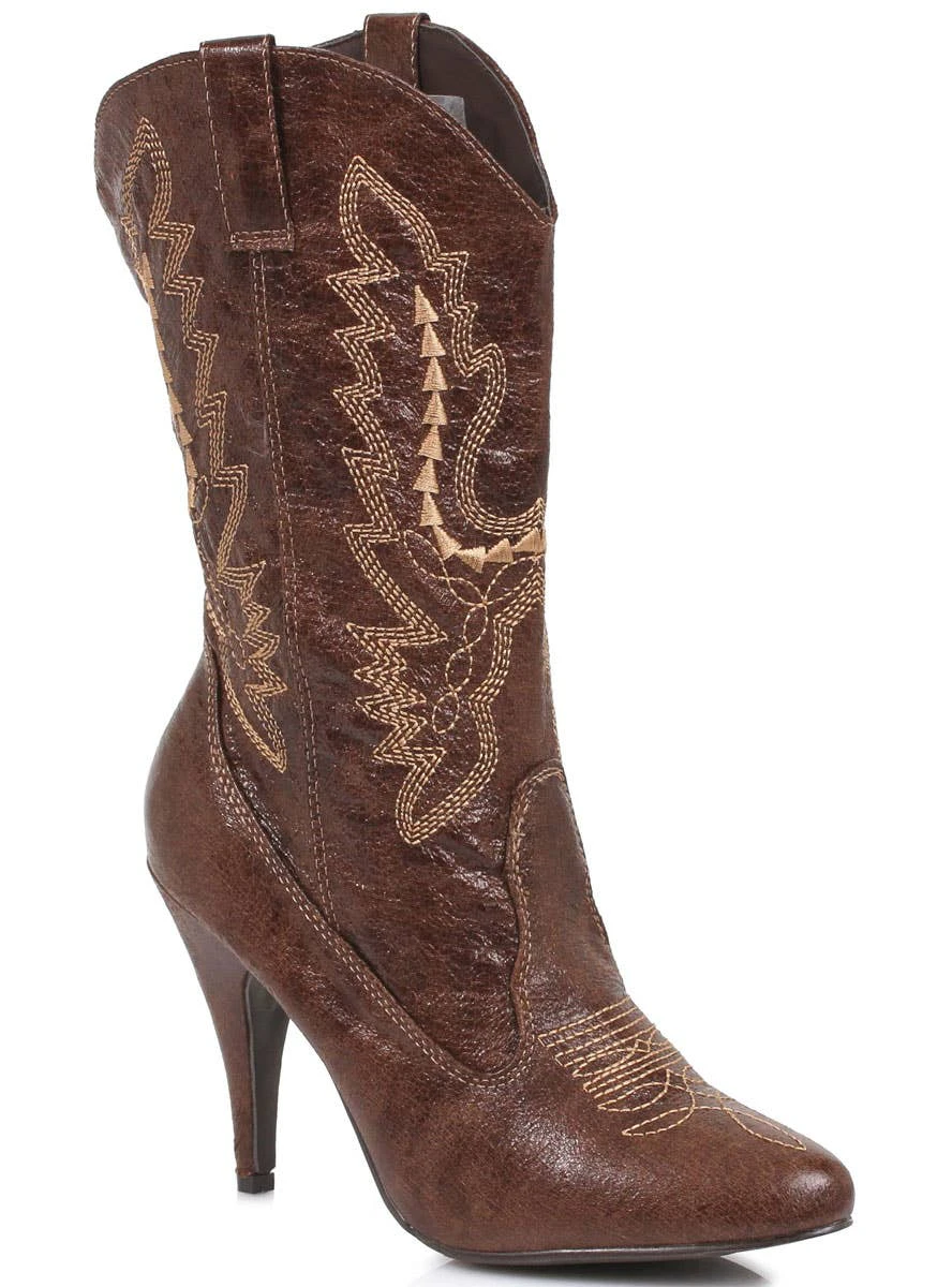 Wild West Brown Leather Look Cowgirl Costume Boots Womens